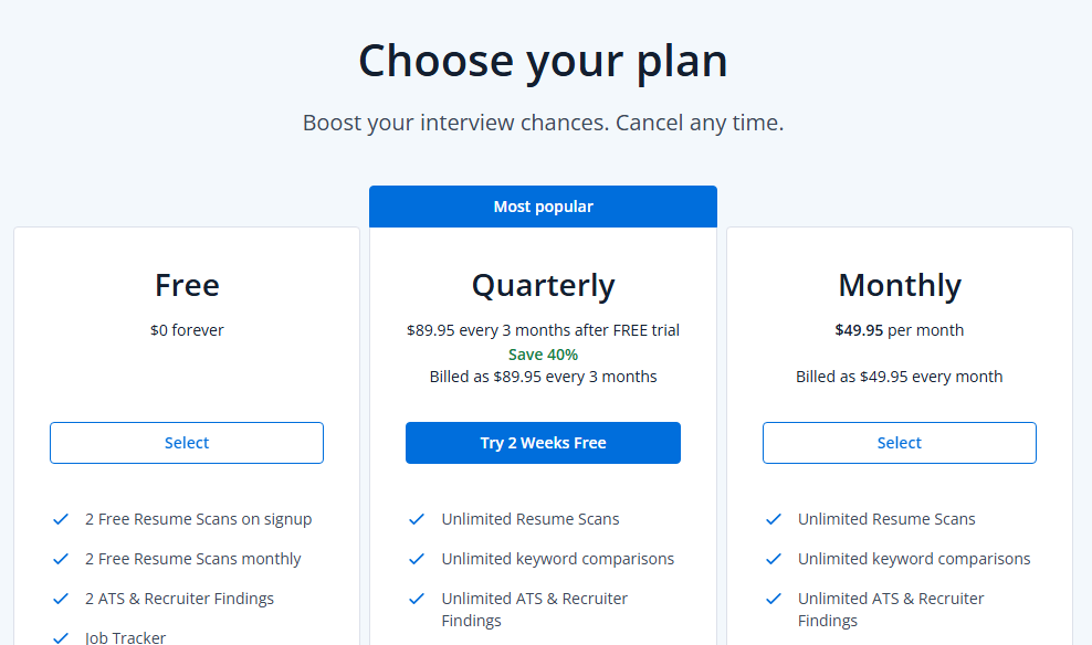 Jobscan pricing  plans