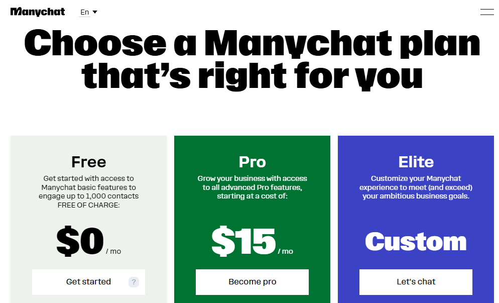 Manychat Pricing plan